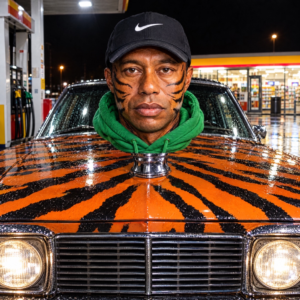 Tiger Hoods as the hood ornament of a tiger-striped car at a petrol station