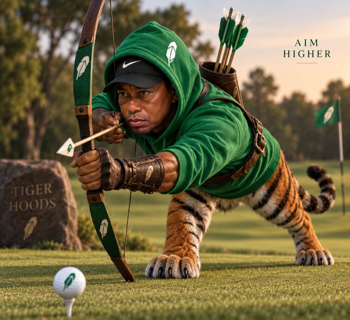 Tiger Hoods drawing a Robinhood bow on the green