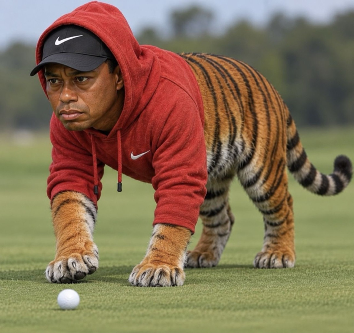Tiger Hoods in the red final-round hoodie, lining up a putt