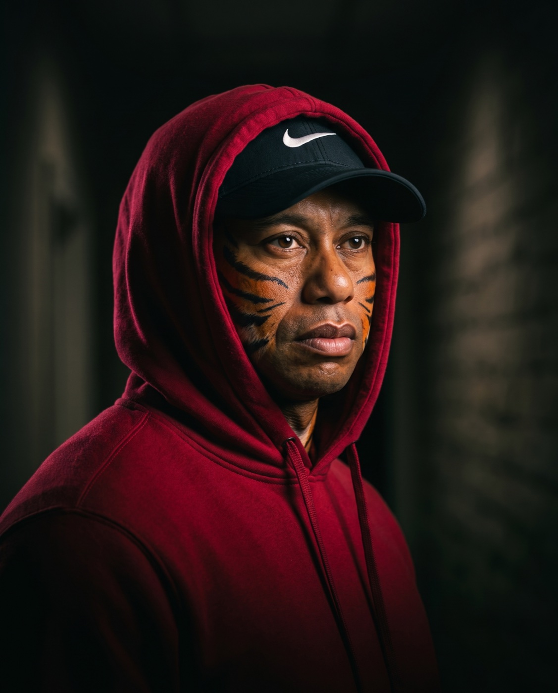 Tiger Hoods in a crimson hoodie in a dark corridor